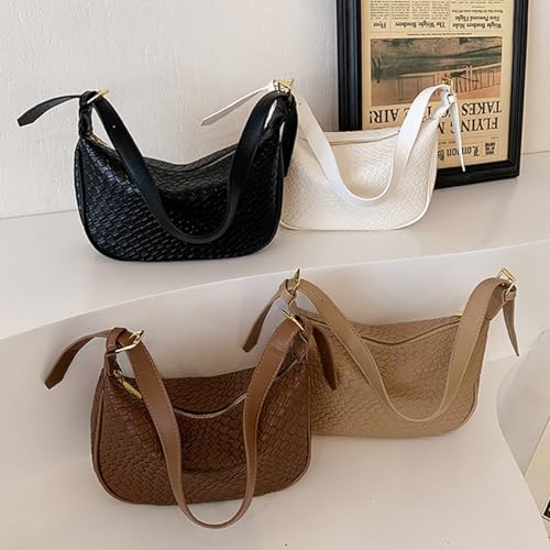 Image of Woven Crossdbody Bag Vegan Leather Bag For Women Crescent Shoulder Hobo Handbag with 2 Adjustable Strap