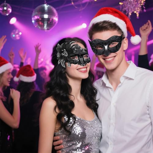 Image of PATPAT 2 Pack Black Masquerade Mask for Women & Men, Venetian Carnival Halloween Cosplay Party Mask, Couple Venetian Masks Sequin Face Cover Masks for Party Night Club Carnivals Masquerade Balls