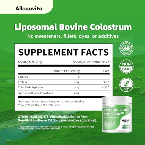 Image of Liposomal Bovine Colostrum Powder - Pure Bovine Colostrum for Humans - Grass Fed Colostrum Supplement for Gut Support, Immune Health and Hair Growth,72 Servings per Bottle.180g /6.35 oz