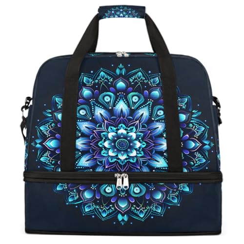 Sports Gym Bag Blue Mandala Flower Large Travel Duffel Bag With Shoe Compartment Foldable Waterproof Carry-On Weekend Travel Bags for Camping Overnight Yoga Hospital Travel Bags