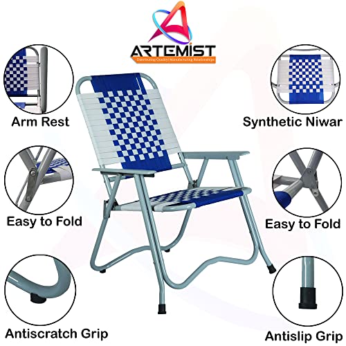 Image of ARTEMIST Foldable Stripe Chair with Arm Rest Portable Chair with Durable Folding Frame, Ideal for Garden, Patio, Lawn, Balcony (Blue, Chrome)