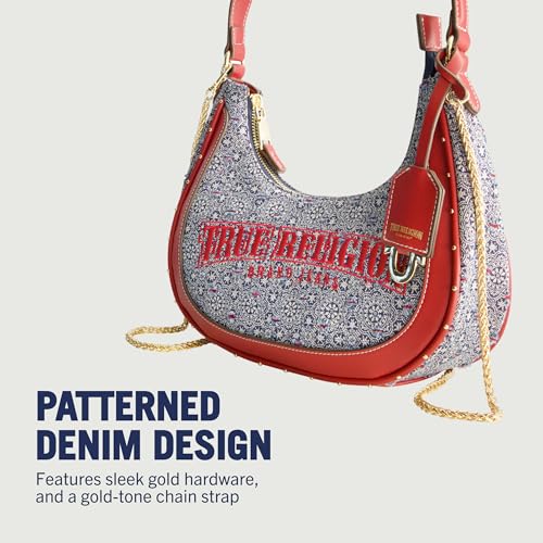 True Religion Hobo Bag, Women's Striped Denim Crescent Handbag and Adjustable Chain Strap, Red3