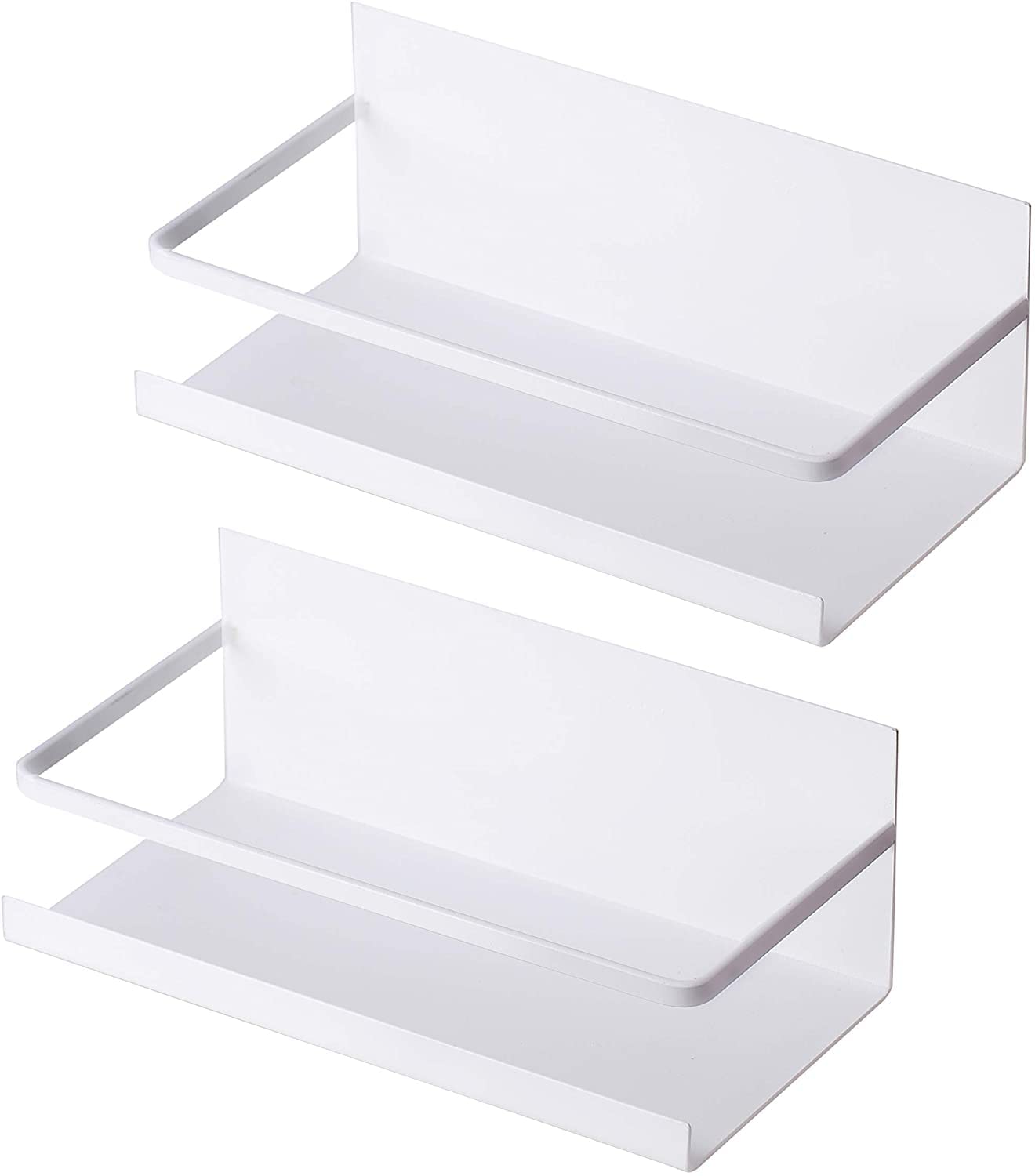 2Pcs Magnetic Spice Racks, Magnetic Shelf for Refrigerator Magnetic Fridge Shelf with 4 Removable Hooks for Kitchen Space Saver (White)