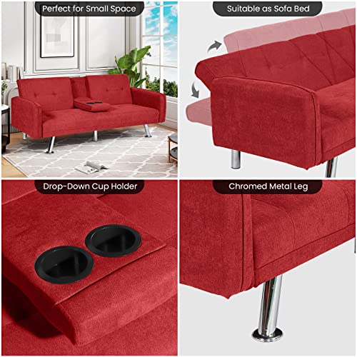 Awqm Futon Sofa Bed,Modern Upholstered Convertible Folding Sleeper Sofa,Recliner Futon Couch Bed With Armrests 2 Cup Holders,For Living Room,Apartment,72.4" L X 18.5" D X 29.9" H,Red #TOP7