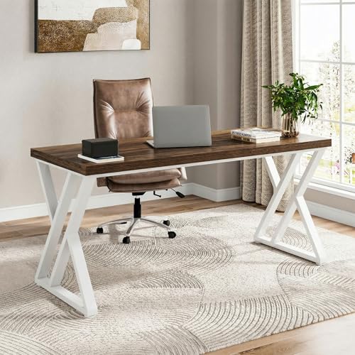 Image of Tribesigns Modern Walnut /White 55 inch Heavy Duty Computer Desk, Study & Work Desk, 23.6 inchD x 55.1 inchW x 29.5 inchH, Z-Shaped Metal Legs, 330 lbs Capacity