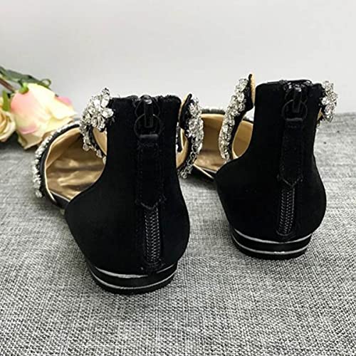 Image of XYD Women Classic Pointed Toe D'Orsay Wedding Flat Sandals Sparkly Rhinestones Ankle Strap Low Heel Dress Shoes with Zipper