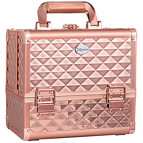 Joligrace Makeup Train Case Cosmetic Box 10 Inches Jewelry Organizer Professional 3 Tiers Trays With Mirror And Brush Holder Lockable Key Portable Travel - Rose Gold #TOP26