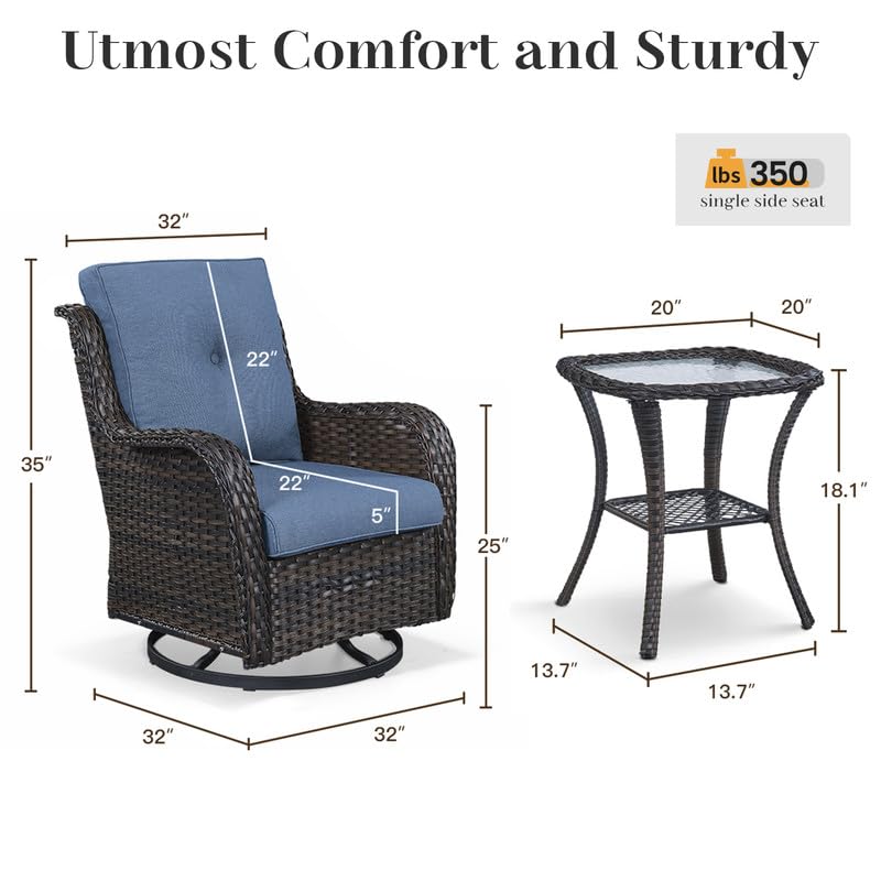 Image of Rilyson Patio Outdoor Wicker Swivel Rocker Chairs Set of 3, Blue Cushions | High Back and Deep Seating, All Weather, Water-Resistant, Removable Cover, Stain-Resistant, for Garden Backyard Deck