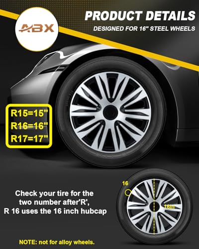 Image of ABX Hubcap Wheel Covers Hub Caps 16 Inch Set of 4 Black & Silver Universal Wheel Rim Cover R16 Stylish Car Decor Wheel Covers for Toyota Camry Nissan Mazda (black-09, 16 inch)