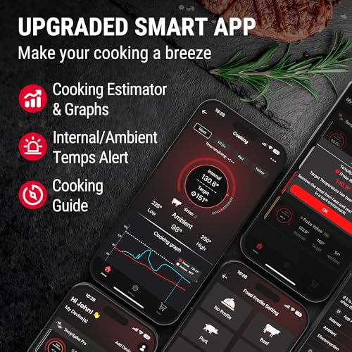 Image of ThermoPro Wireless Meat Thermometer for Grilling and Smoking, Bluetooth Meat Thermometer Digital Wireless for Rotisserie Sous Vide BBQ, Smoker Thermometer, Red, Gift for Dad Him Husband