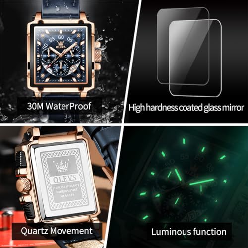 Image of OLEVS Watches for Men Quartz Chronograph Leather Fashion Dress Watch Date Waterproof Luminous Casual Square Business Wrist Watches