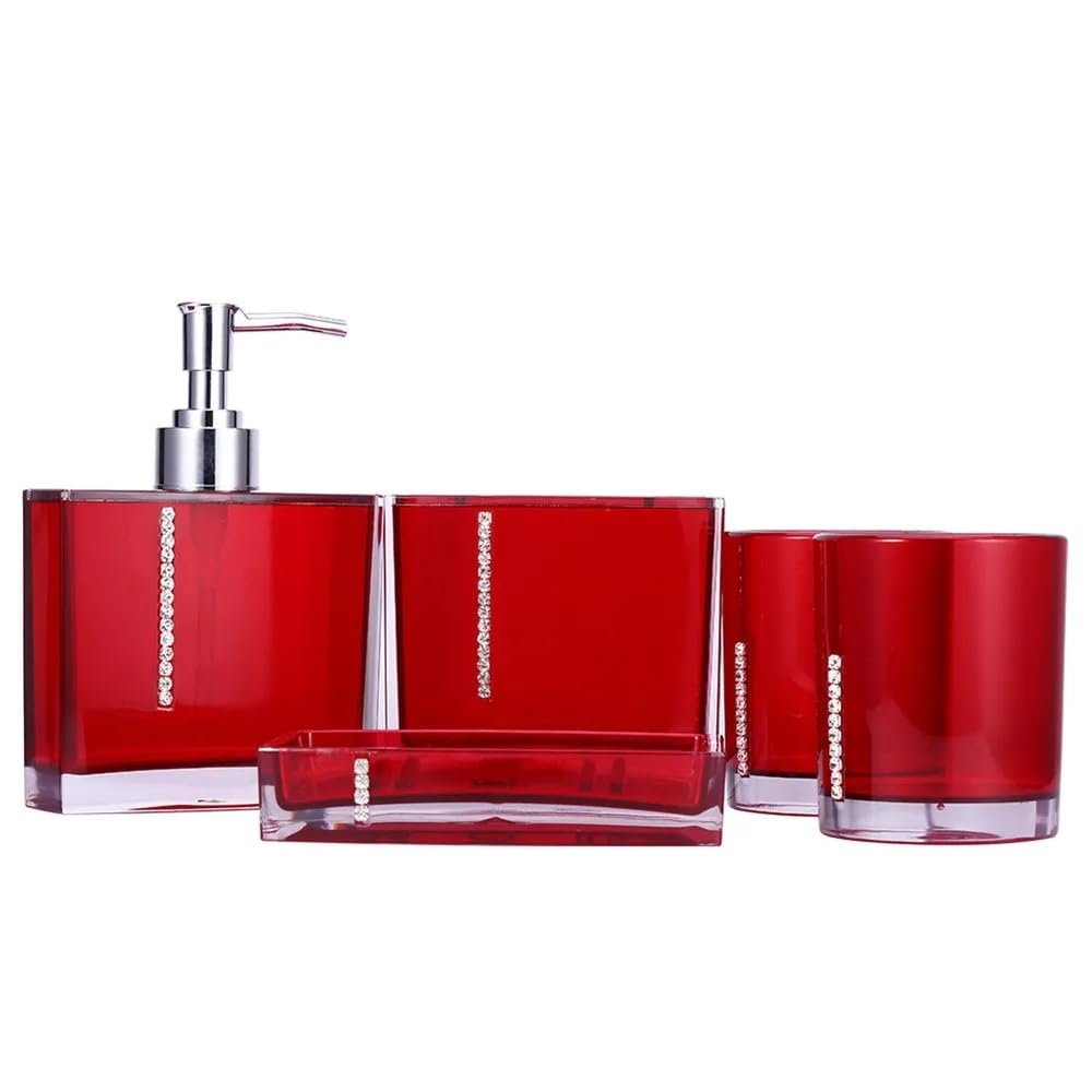 Set di accessori per il bagno 5 pezzi set da bagno in acrilico dispenser di sapone liquido portasapone portaspazzolino collutorio tazza forniture for la casa accessori for il bagno (Color : Red)