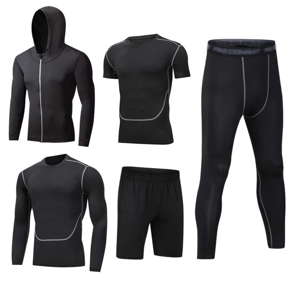 Hombre 5 Piezas Conjunto Compresión Ropa Sudaderas con Capucha y Pantalones Cortos y Leggings y Manga Corta/Larga Tops para Running Fitness Entrenamiento