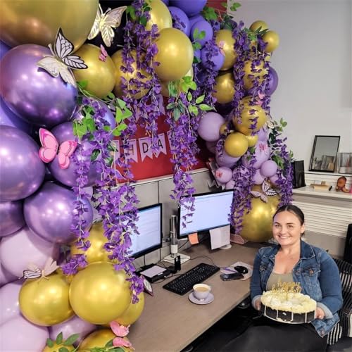 Image of Pastel Purple Gold Balloons Set, 60Pcs 12 Inch Light Macaron Metallic Dark Purple Lavender Balloon with Gold Confetti Latex Balloons for Graduation Birthday Wedding Baby Bridal Shower Party Decoration