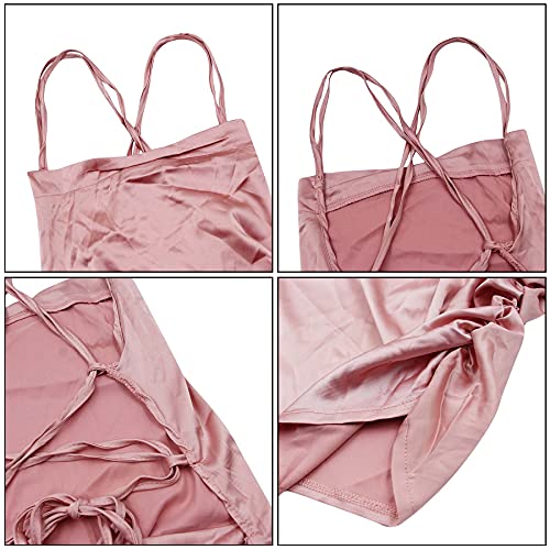 Image of JUMISEE Women Satin Ruched Lace Up Bodycon Mini Dress Sexy Backless Spaghetti Strap Party Dress for Cocktail Clubwear