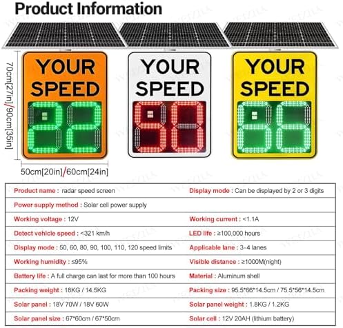 Solar Radar Speed Display Sign - Traffic Speed Radar with Adjustable Speed Limit, Remote Control LED Warning Sign, Yellow 60x90cm - Enhance Road Safety