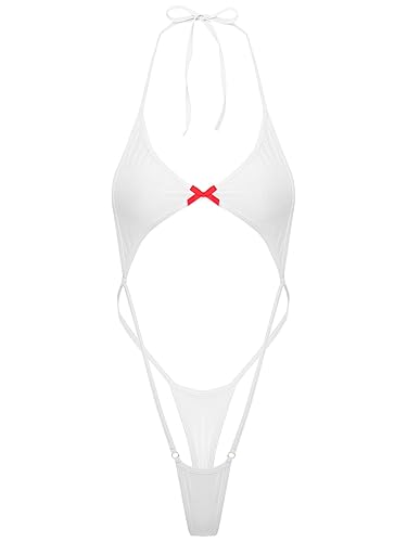 Miutii Women One Piece Extreme Monokini Mini Sling Shot Thong Teardrop Bikini G String Swimwear - Type B White - One Size