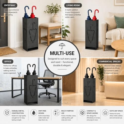 Image of Decorlay Wrought Iron Square Design Umbrella Stand Holder for Entryway, Modern Umbrella Rack for Canes, Walking Sticks & Golf Clubs, Indoor Floor Stand Organizer for Home, Office, Living Room