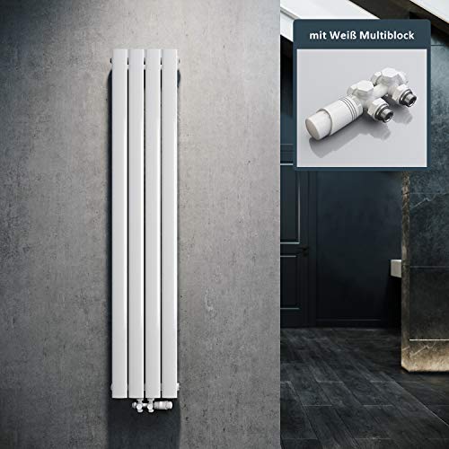 ELEGANT Design Heizkörper Flach 1600x308mm mit Weiß Multiblock Thermostat Flachheizkörper Weiß Einlagig Vertikal Heizkörper Mittelanschluss