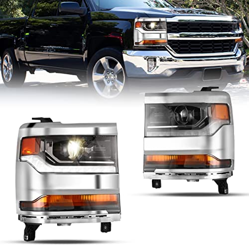 WolfX Headlight Assembly Fit For 2016 2017 2018 2019 Chevy Silverado 1500 Projector Headlamp w/LED Day Running Lights & High/Low Beam (Chrome housing Clear lens)