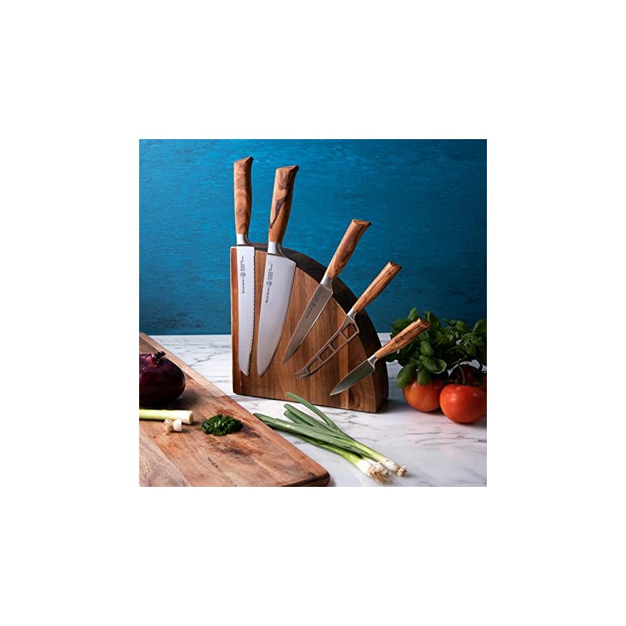 Messermeister Oliva Elite 6-Piece Magnet Block Set - Includes Chef’s, Bread, Cheese & Tomato, Utility & Paring Knife + Magnet Block