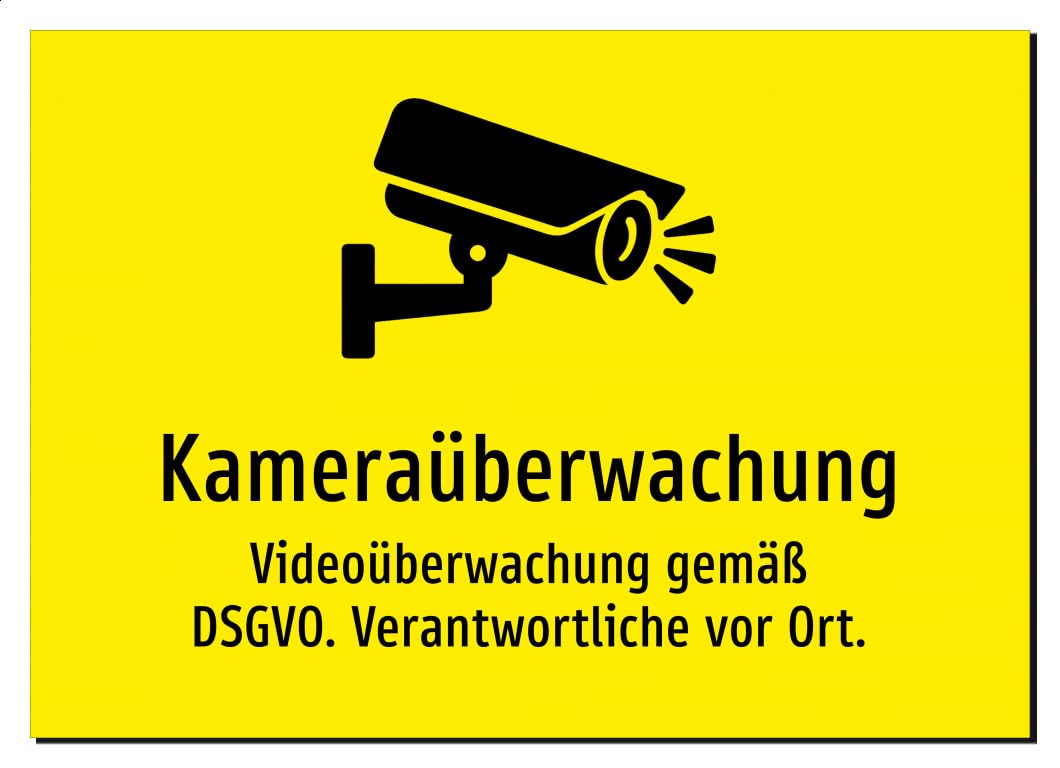 Kameraüberwachung - Videoüberwachung gemäß DSGVO. Verantwortliche vor Ort. – Aluminiumschild A4: 297x210mm – Mit Grafik und Text