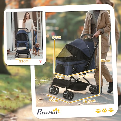 PawHut Hundebuggy Hundewagen Buggy für kleine Hunde und Katzen Haustierwagen Pet Stroller Katzenbuggy Oxford Blau 76,5 x 52 x 95 cm