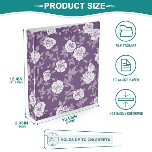 Image of Flower Leaves Purple 3 Ring Binder with 2 Interior Pockets 1.5 inch Binders 3 Ring Heavy Duty Fit 8.5 inch x 11 inch Letter Size for Office School, 2 Pack