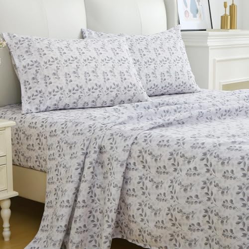 Image of MUXHOMO Full Size 4 Piece Sheet Set, Soft Breathable Bed Sheet Set for Bedroom with Deep Pocket Up to 16 inch, Wrinkle-Free & Cooling Bedding for Oeko-TEX Certified - Grey Leaves