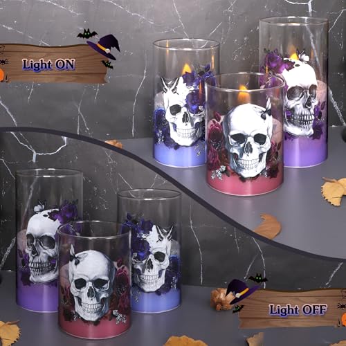 Image of Halloween Glass Flameless Candles Romantic Gothic Skull Floral Battery Operated Remote Timer Flickering LED Pillar Candle for Wedding Party Goth Bathroom Decor