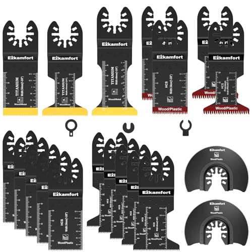 Ezkamfort 22Pcs Multi Tool Blade, Titanium Multitool Blade Kits for Wood Nails, Drywall, Japanese Tooth with Storage Bag, Universal Oscillating Saw Blades Compatible with Ryobi Makita Milwaukee