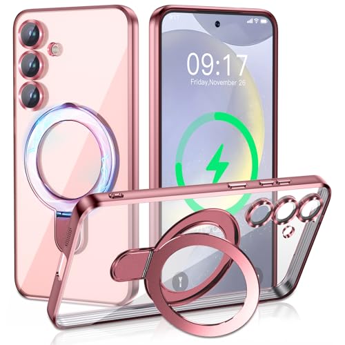 Image of Magnetic Stand & Full Camera Lens Protector Case for Samsung Galaxy S24 [Compatible with MagSafe][Military Drop Protective] Not Yellowing Clear Slim Soft S24 Phone Case for Women Men,Pink