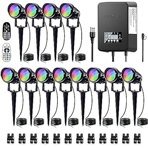 SUNVIE 12 Pack RGBW Color Changing Landscape Lights with 300W Low Voltage Landscape Transformer 12-24V LED Landscape Lighting Kit Waterproof Multicolor Spotlights for Christmas House Yard Tree Garden