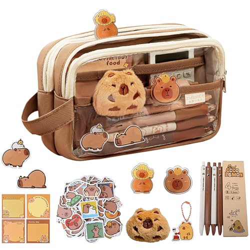 GEDEUBAN Estojo de lápis capivara fofo, conjunto de bolsa de papelaria com 10 adesivos + 2 broches + 1 boneca + 1 clipe + 1 bloco de notas + 1 chaveiro + 4 canetas, Cartuchera De Capibara