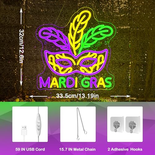 Image of Mask Neon Sign Mardi Gras LED Wall Light Dercoration Gift for Fat Tuesday | 12.6in*13.2in,Adjustable brightness (5 levels),Powered by USB port,Applicable to Carnival, Masquerade Ball, Bar, Club, Party
