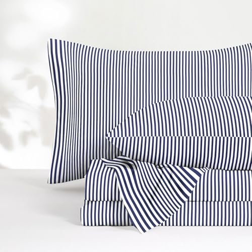 Image of Wake In Cloud - Striped Bed Sheets, 4-Piece Sheet Set, Ticking Vertical Pin Stripe Modern Farmhouse Pattern Printed Bedding, Deep Pocket, Navy Blue White, Queen Size