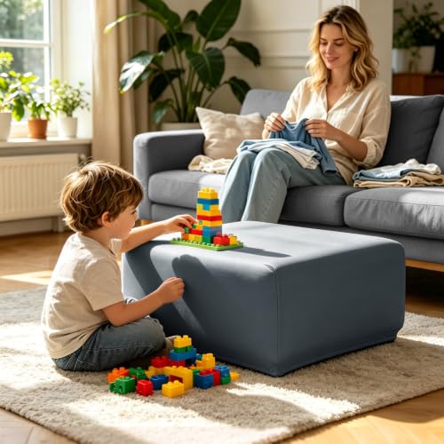 Image of YISUN Super Stretch Square Ottoman Cover - Soft Form Fit Ottoman Slipcover for Foot Stool & Folding Storage, Washable Furniture Protector with Non-Slip Elastic Bottom (L, Dark Grey)