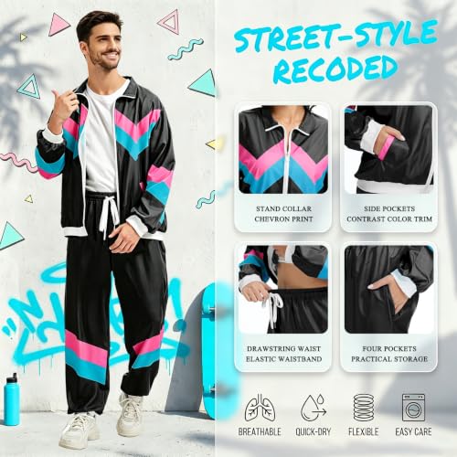 HGZXQMN 80s Outfit for Men,80s Neon Track Suit Halloween Costume,Black-C, S by HGZXQMN - Used condition - Image 3