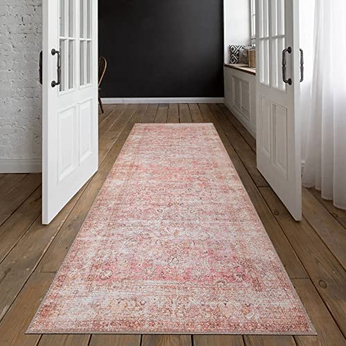 Adiva Rugs Machine Washable Area Rug With Non Slip Backing For Living Room, Bedroom, Bathroom, Kitchen, Printed Persian Vintage Home Decor, Floor Decoration Carpet Mat (Pink, 2'6" X 7') #TOP3
