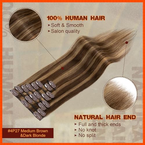 Image of Benehair Human Hair Clip in Extensions Balayage Medium Brown Mix Dark Blonde Highlight Hair Extensions for Women Long Straight Remy Natural Full Head 8pcs 8inch No Tape No Glue #4P27