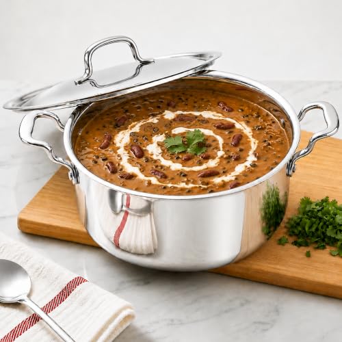 Image of SOLARA Triply Stainless Steel Deep Kadai with SS Lid, 32 cm | Heavy Bottom Tri Ply Cooking Pot for Boiling, Curry, Soup & Stew | Induction & Gas Compatible Stainless Steel Cookware