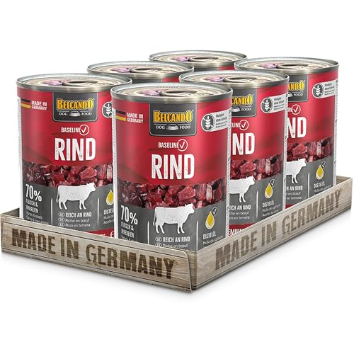 BELCANDO Baseline Nassfutter für Hunde, Rind, 6X 400g Dose, 70% Fleisch für ausgewachsene Hunde, Hundefutter nass ohne Getreide, Made in Germany