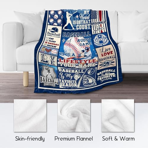 Custom Baseball Blanket for Boys - 40x50 Inches Sports Throw Blanket for Boys Kids - Blue Soft Fuzzy Blankets for Couch, Sofa & Office