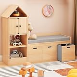 Kids Bookcase and Bookshelf with Reading Nook, Multifunctional Bookcase with 3 Open Storage Cubbies and 3 Drawers, Bookcase with Seat Cushion for Toy Storage Organizer Children's Room, Bedroom, Oak