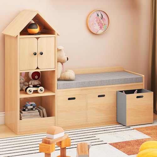 Image of Kids Bookcase and Bookshelf with Reading Nook, Multifunctional Bookcase with 3 Open Storage Cubbies and 3 Drawers, Bookcase with Seat Cushion for Toy Storage Organizer Children's Room, Bedroom, Oak