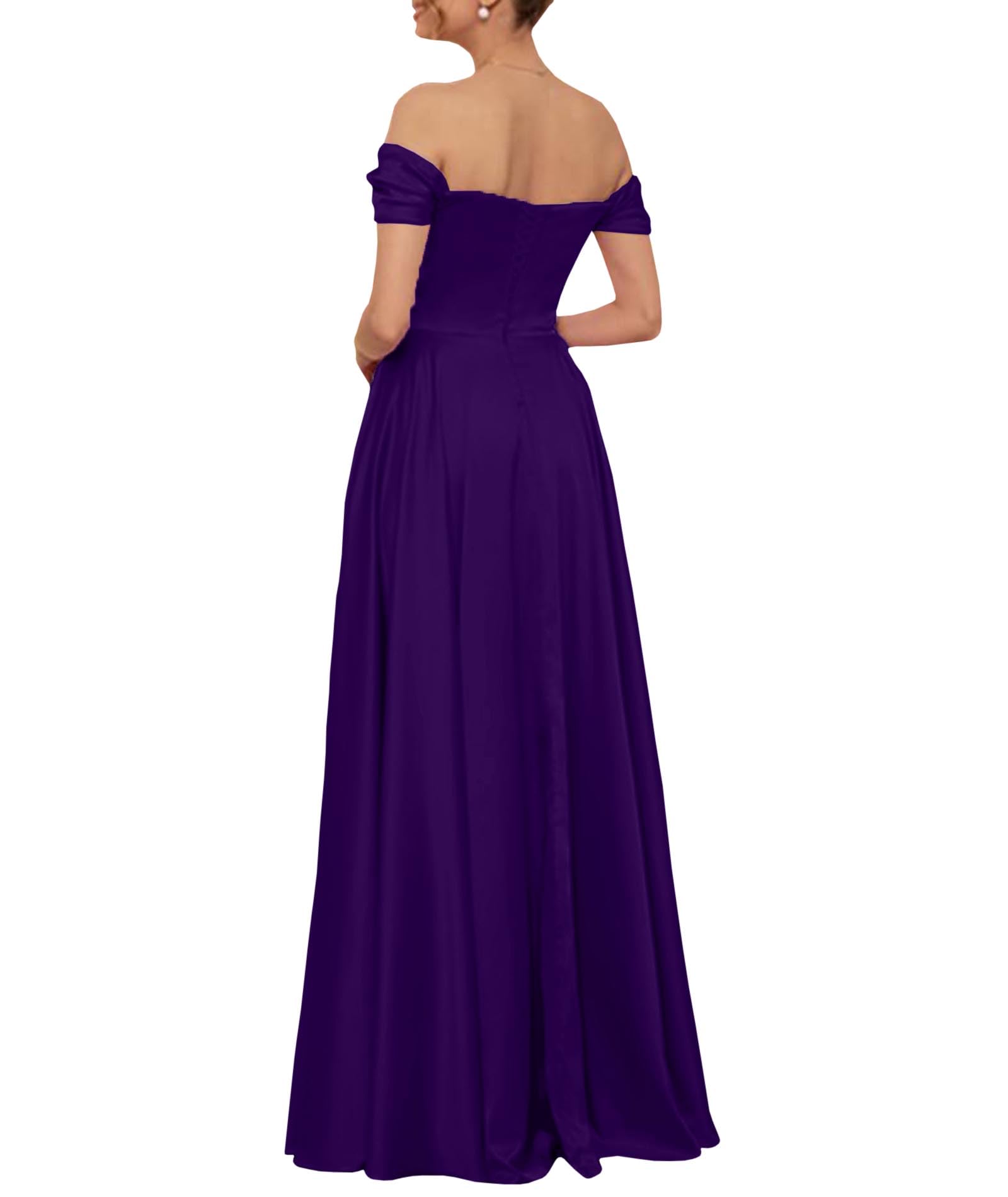ECDAHICC Schulterfreies Brautjungfernkleid Für Damen Satin Langer Schlitz Elegantes Formelles Abendkleid A-Linie Hochzeits und Partykleid