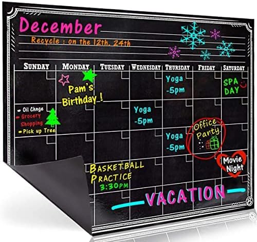 Bigtime Signs Dry Erase Magnetic Refrigerator Calendar Board - Black Chalkboard LOOK Printed Design - Monthly for Kitchen Fridge| 12 inch x 16 inch - Use with Wet Wipe Fluorescent or Neon Markers