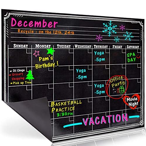 Bigtime Signs Dry Erase Magnetic Refrigerator Calendar Board - Black Chalkboard LOOK Printed Design - Monthly for Kitchen Fridge| 12 inch x 16 inch - Use with Wet Wipe Fluorescent or Neon Markers