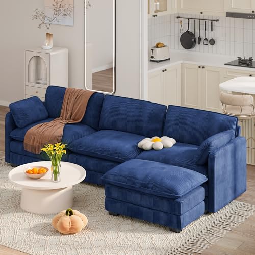 Gizoon Modern Cloud Sofa with Moveable Ottoman, L Shaped Sectional Couch with Double Seat Cushion Comfy Corduroy Deep Seat Sofa for Living Room Bedroom and Apartment, Pet-Friendly Fabric, Bl