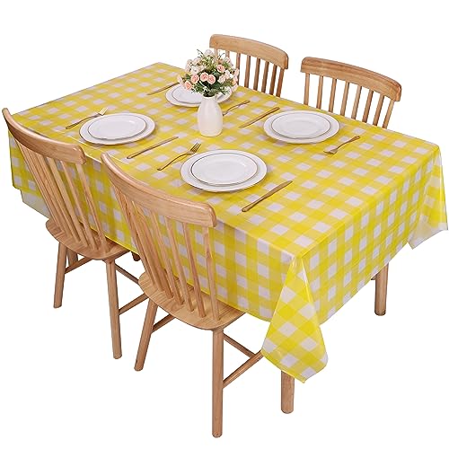 Image of Kesfey 3 Packs Yellow Gingham Tablecloth 54 x 108 Inches Yellow and White Checkered Table Cloths Disposable Plastic Gingham Tablecovers Waterproof Rectangle Picnic Plaid Table Cover for Camping Party